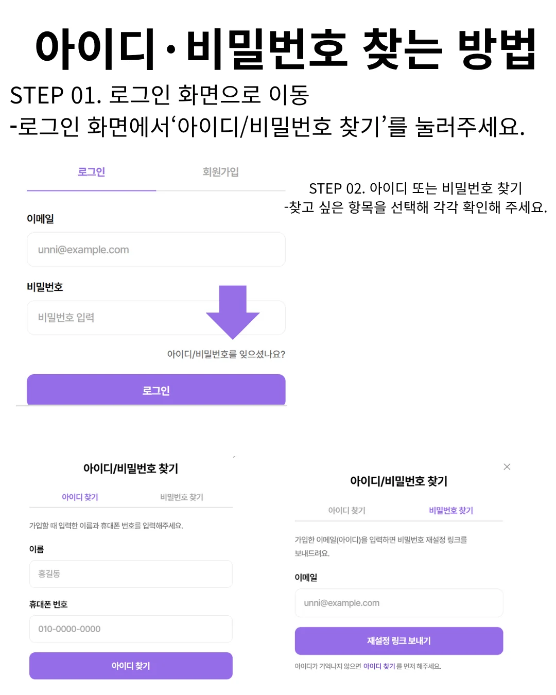 아이디·비밀번호 찾는 방법 — 로그인 화면에서 아이디/비밀번호 찾기를 누르고 아이디 찾기(이름·휴대폰 번호) 또는 비밀번호 찾기(이메일로 재설정 링크)를 선택